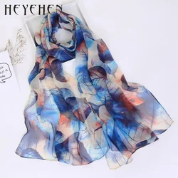 New Design Women Foulard Chiffon Georgette Silk Scarf Green Tree leaf Print Sunscreen Long Shawl Muslim Hijab HY87