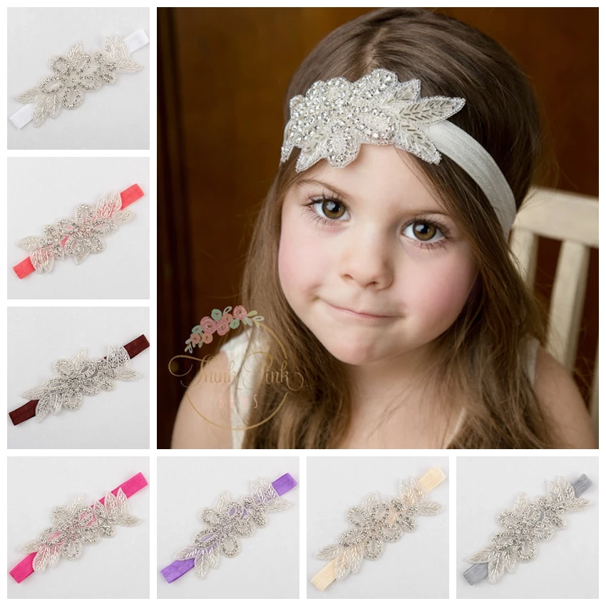 Yundfly Baby Girls Crystal Flower Hair Band Leaf Christening Bridal Elastic Headband Rhinestone Headwear Photography Props