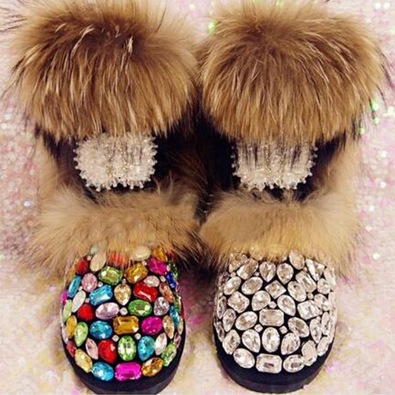 Woman Real Raccoon Fur Multi Rhinestone Snow Boots Female Slip-on Warm Mid Boots Plush Inside Bling Gem Crystal Winter Boots