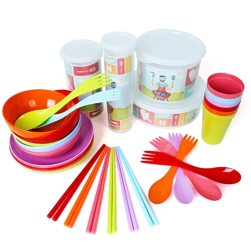 30pcs outdoor camping tableware set portable picnic barbecue children's meal plate soup bowl water cup chopsticks fork spoon