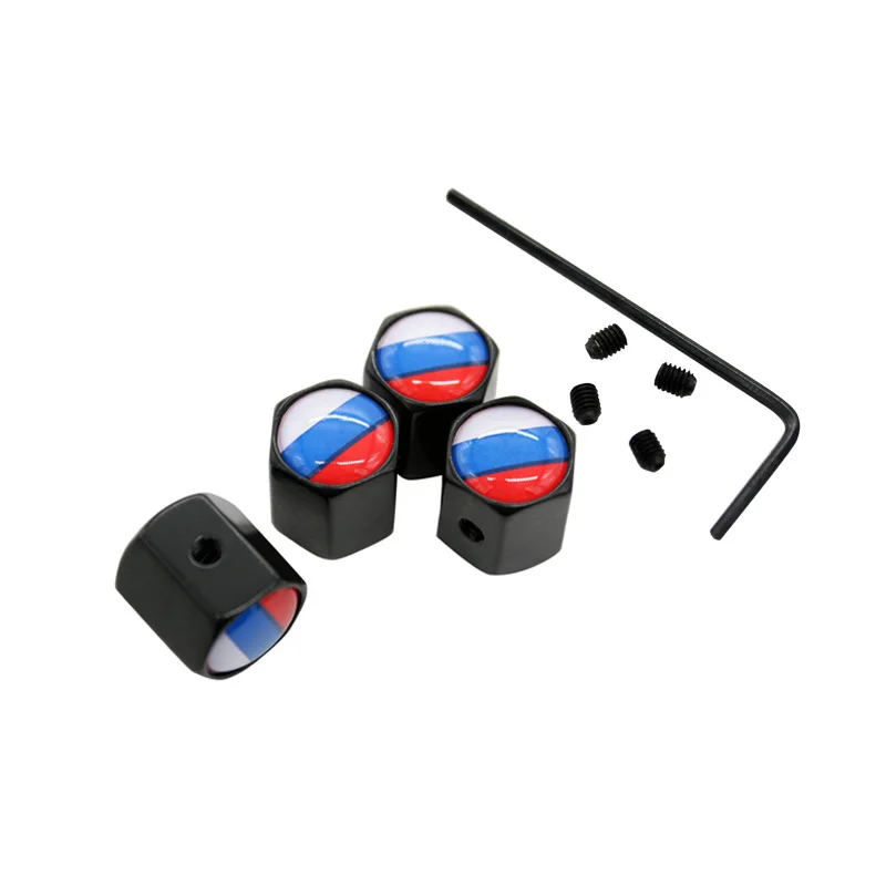 4Pcs/Set Russia Flag Logo Theftproof Stainless Steel Black Wheel Tire Valve Stem Air Caps Auto Styling For