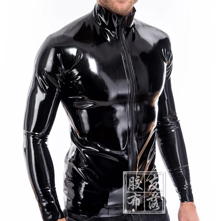 

Latex Top Men Latex T-shirt Front Zip Long Sleeve