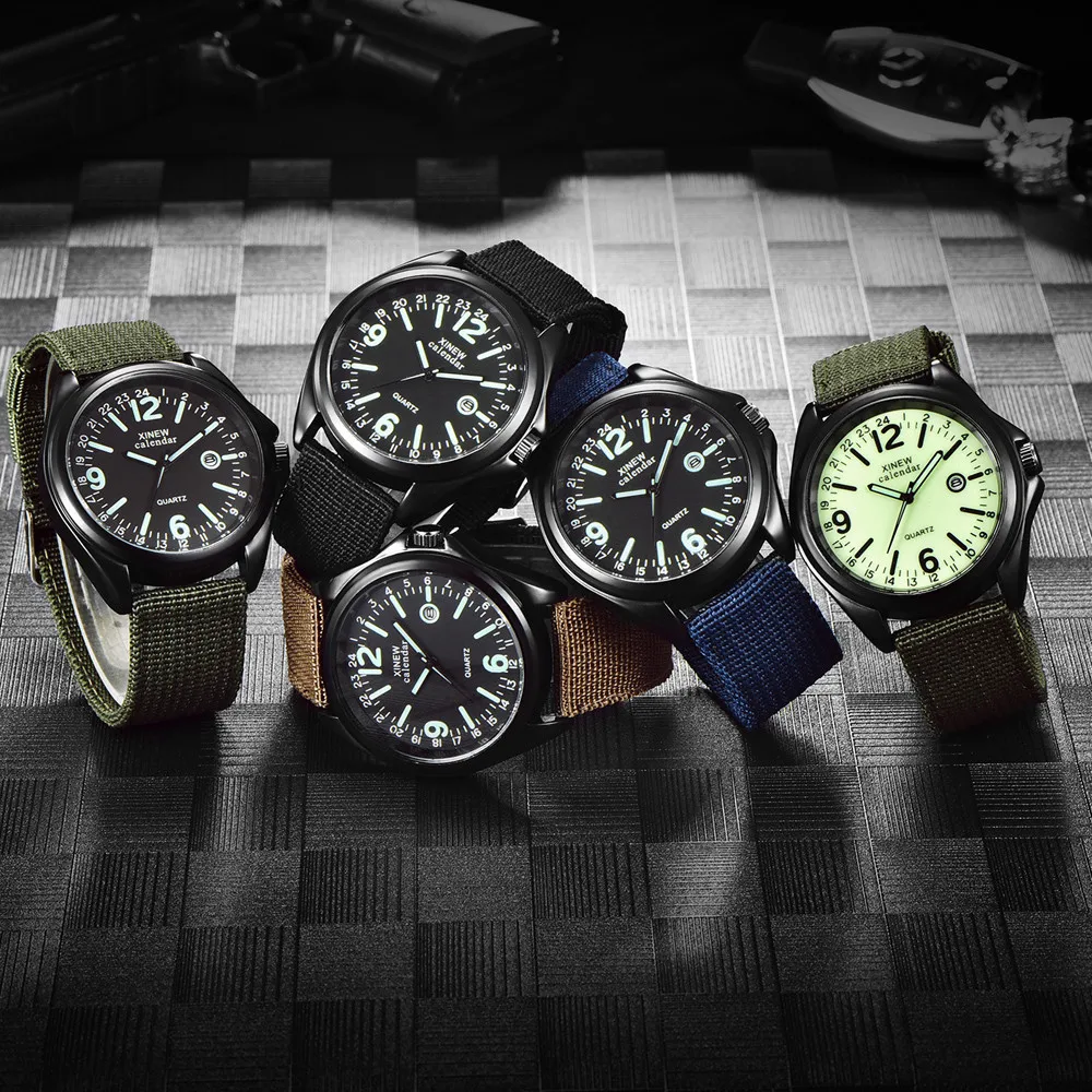 XINEW-reloj militar luminoso para hombre, cronógrafo de cuarzo con calendario, correa de nailon, deportivo, a la moda