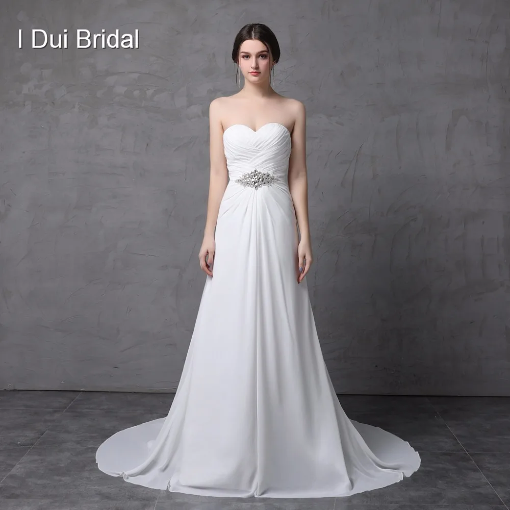 Simple A line Chiffon Wedding Dress with Rhinestone Belt Sweetheart Strapless Long Bridal Gown Real Photo