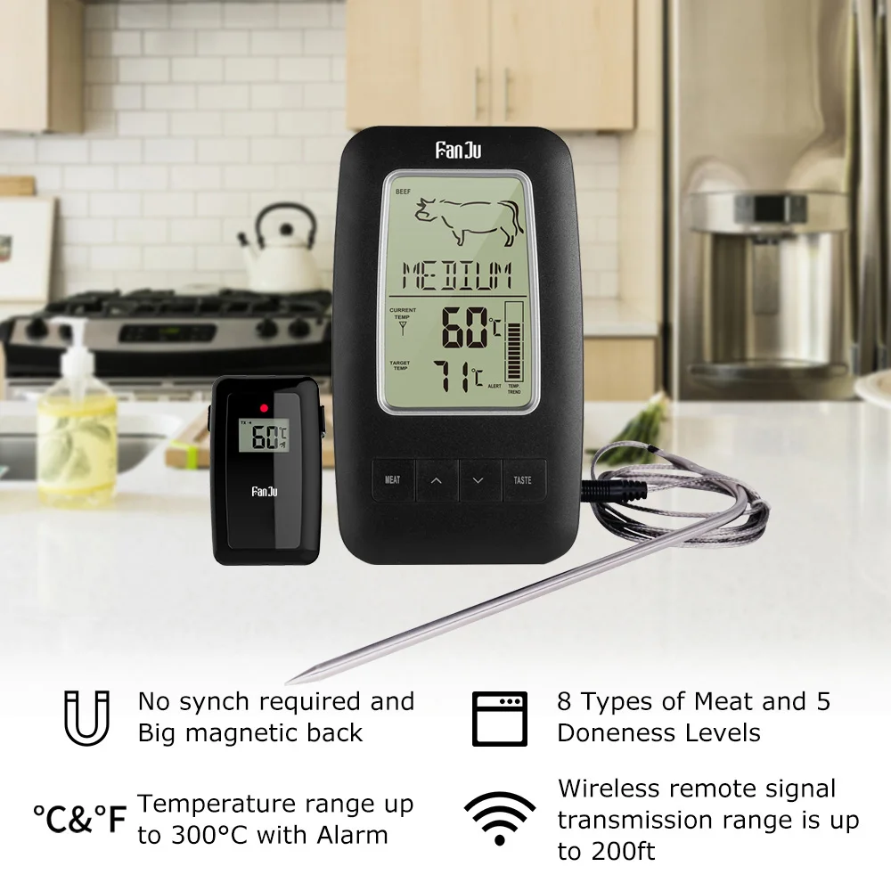 FanJu FJ2245 Wireless Food Thermometer Digital Remote Alarm Cooking Meat Water Milk Meat Electronic Thermometer BBQ Kitchen Tool