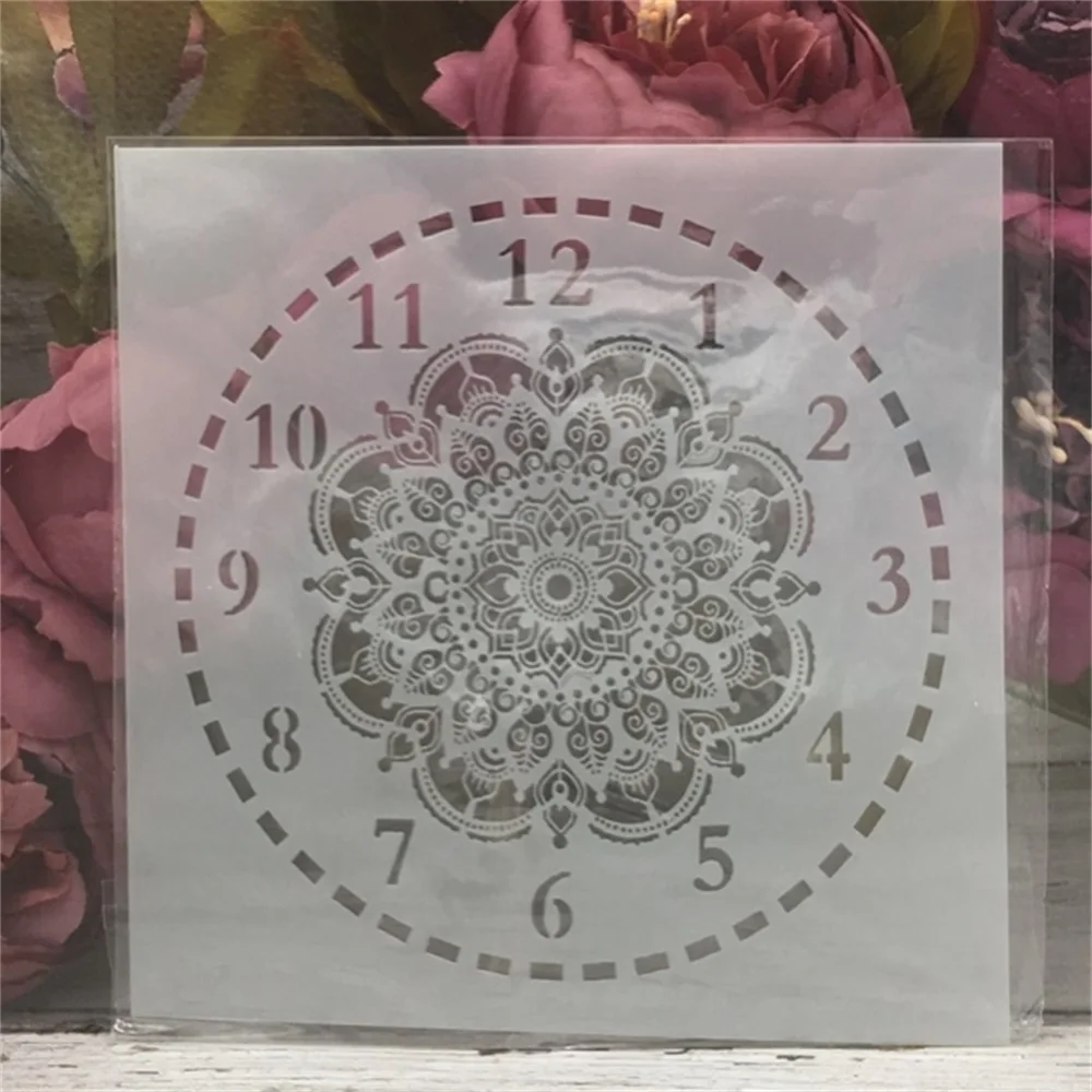 1Pcs 15*15cm Clock Flower Dial DIY Layering Stencils Painting Scrapbook Coloring Embossing Album Decorative Card Template