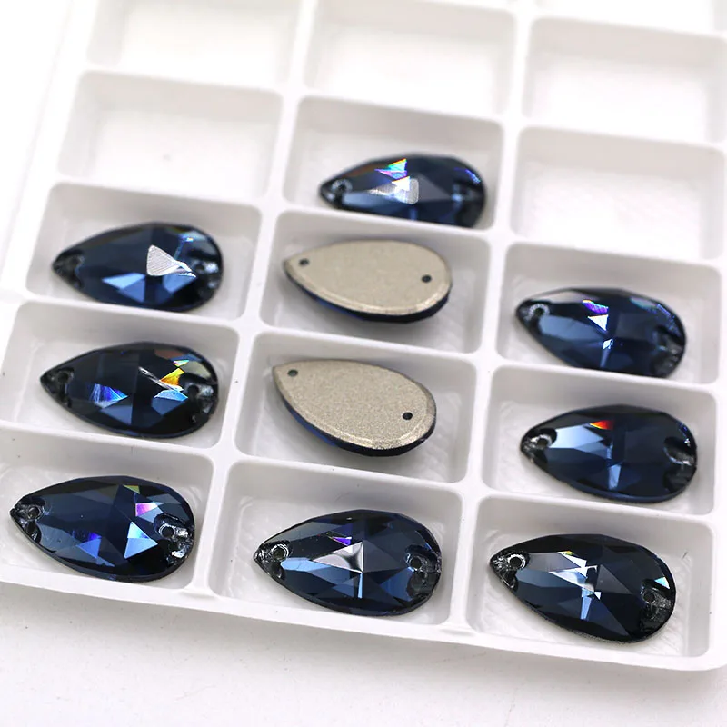 High quality Flatback glass crystal double hole sew on rhinestones Teardrop shape Ink blue rhinestones diy clothing accessories