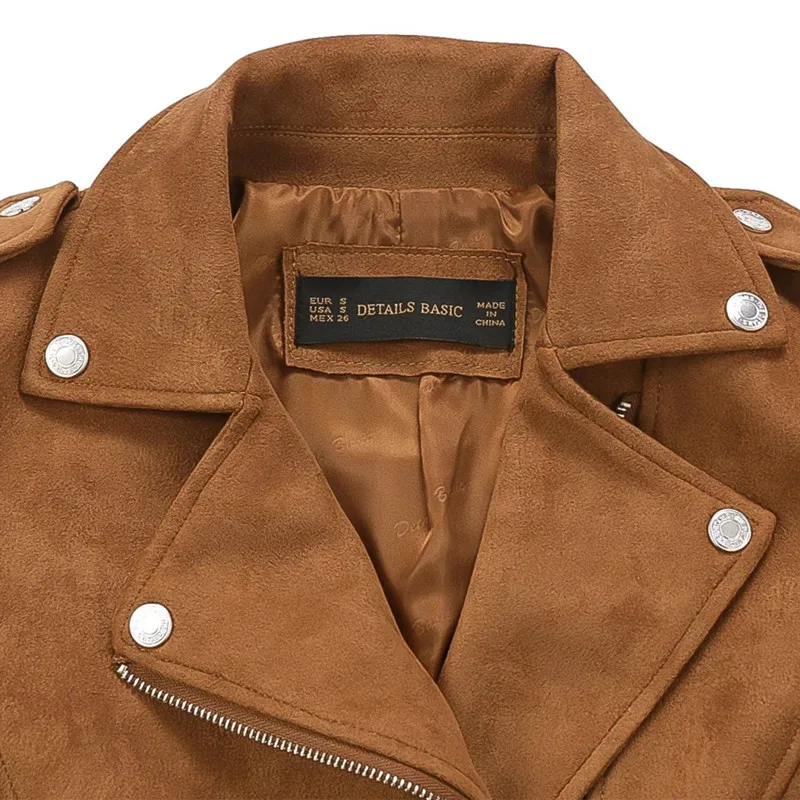 New Fashion Women suede motorcycle jacket Slim brown full lined soft faux Leather female coat veste femme cuir epaulet zipper