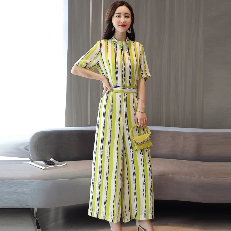 Elegant Jumpsuits For Women 2019 Summer Korean Overalls Short Sleeve Wide Leg Striped Jumpsuit Zip DD2153