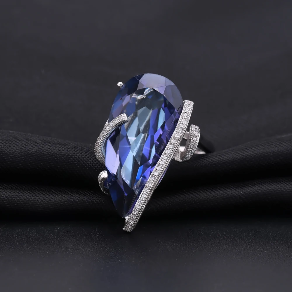 Gem's Ballet 20Ct Natural Iolite Blue Mystic Quartz Ring 925 Sterling Silver Vintage Cocktail Rings For Women Fine Jewelry