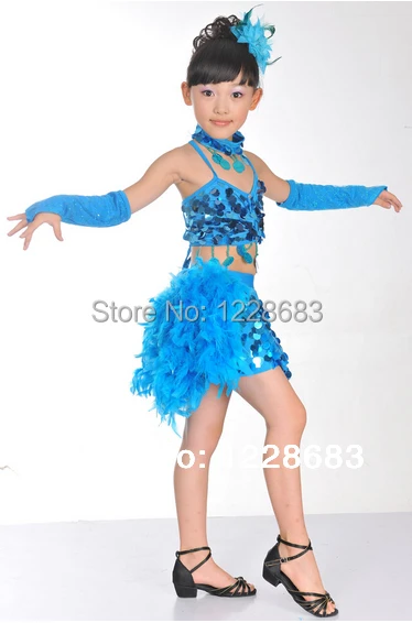 Girls Kids Sequin Glitter Bling Feather Salsa Samba Tango Ballroom Latin Dance Dress Latina Costume Skirts Vestidos De Baile