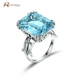 Luxury Square Charms Handmade Vintage Women's 925 Sterling Silver Birthstones Sky Blue Crystal Wedding Ring Brand Jewelry