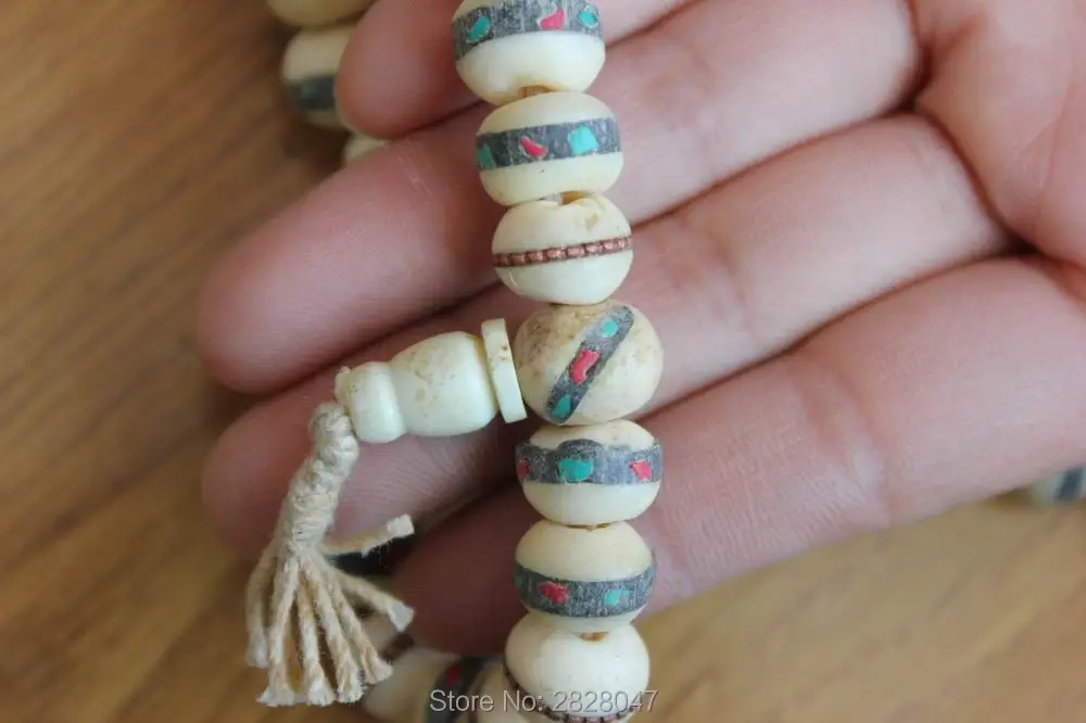 ML018 Vintage Tibetan 108 Bone Prayer Beads Mala Handmade Nepal 11mm*9mm Bone Inlaid Colorful Stone Prayer Necklace Mala