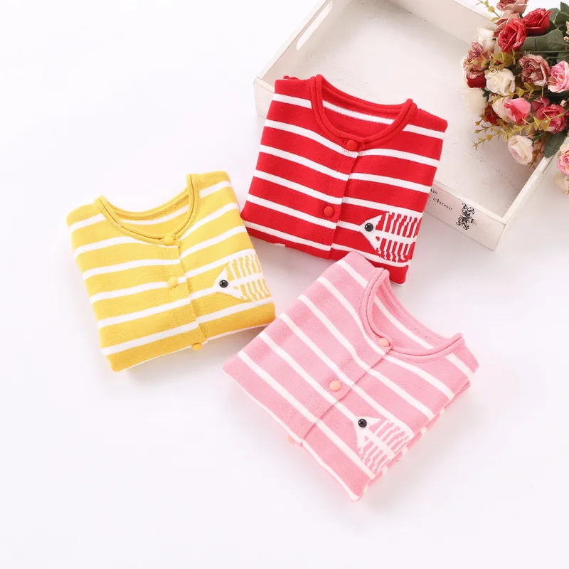 

2-13 Years Old Girls Cartoon Cat & Fish Striped Cardigan Coat Kids Spring Fall Knitted Sweaters Children's Clothing Knitwear B64