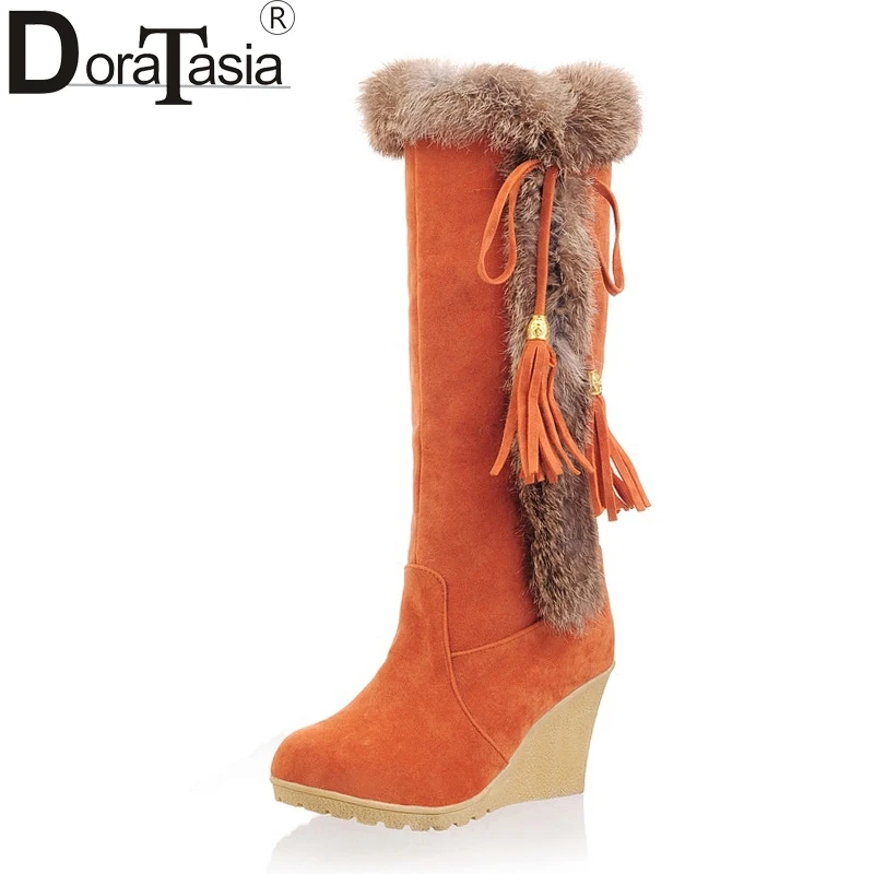 

DoraTasia 2019 large size 35-42 Ladies wedges high heels winter warm fur shoes woman comfort slip on knee high snow boots women