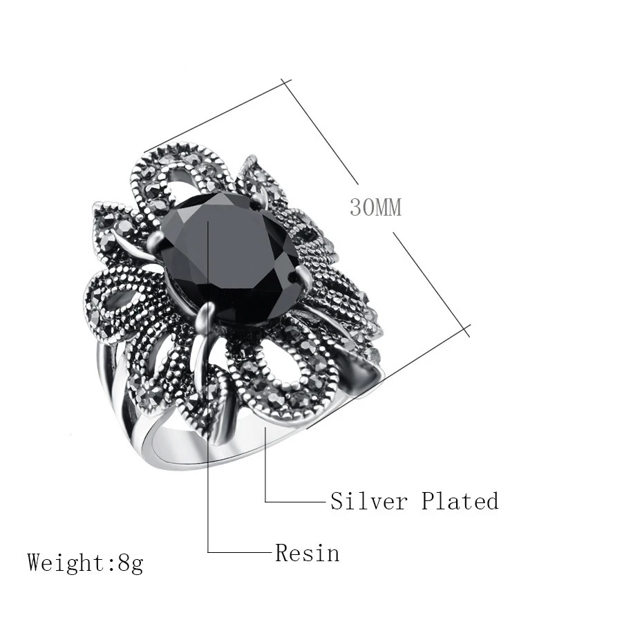 punk silver color jewelry Masonic imitated Opals Rings anel flowers Wedding Rings for women Black 30mm Wide vintage Rings