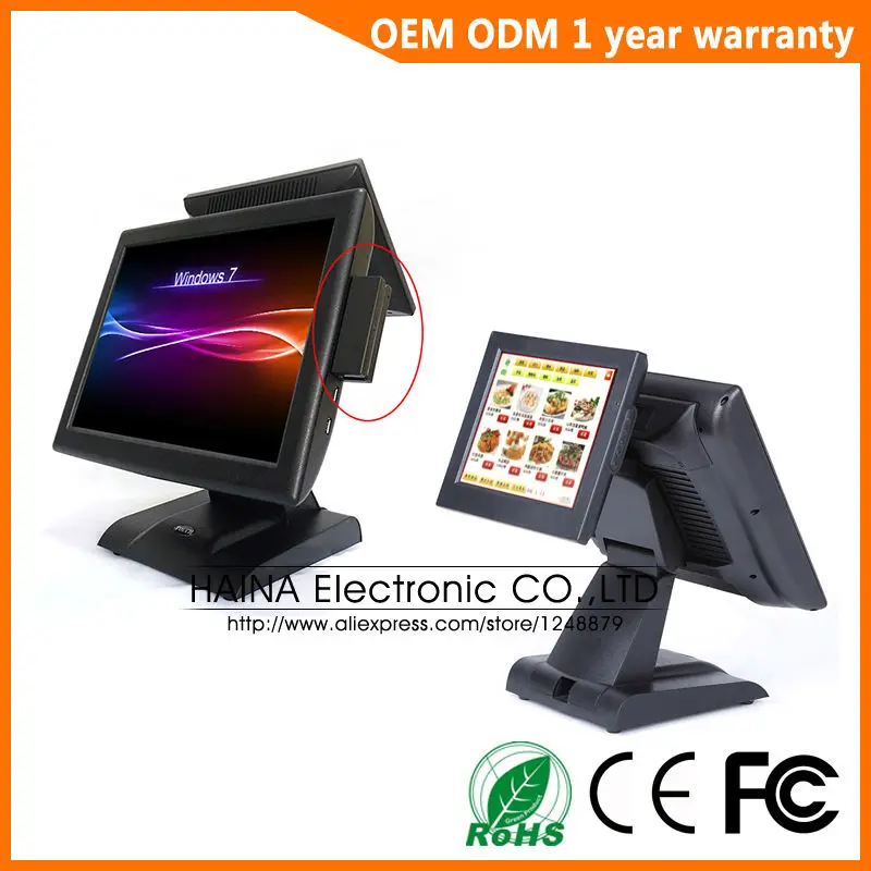 Haina Touch 15 Inch + 10.4 Inch Dual Touchscreen Restaurant Wifi Pos Systeem Dual Screen Pos Machine Met Msr Kaartlezer