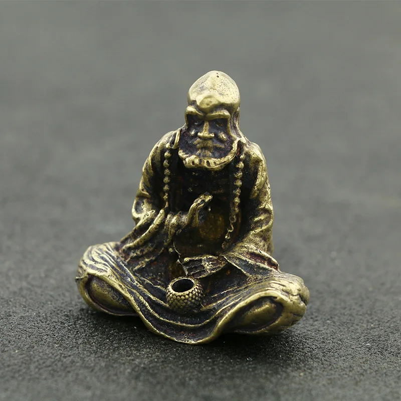 Mini Vintage Brass Dharma Buddha Statue Incense Holder Decoration Ornament Sculpture Home Office Desk Ornament Collection Gift