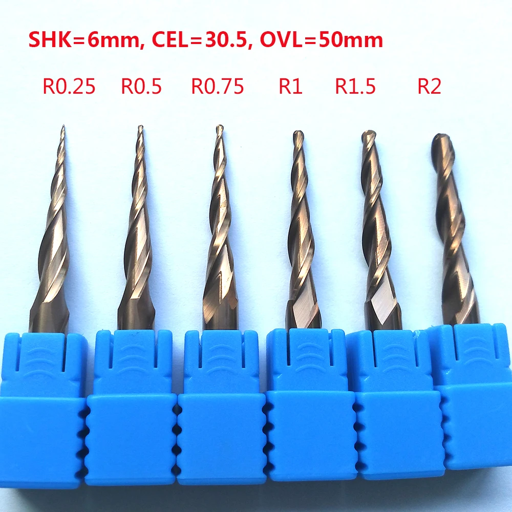 2 pz/lotto R0.25/R0.5/R1/R1.5/R2x30.5xD6x50 shank 6mm carburo solido conici frese CNC incisione frese