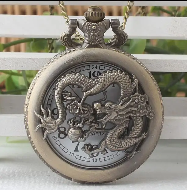 Antique Vintage Dragon Pocket Watch Hollow Pendant Zodiac Quartz Steampunk Necklace Chain mens and woman gift