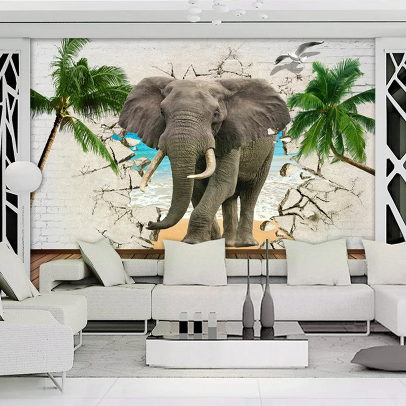 

Custom Photo Wallpaper 3D Elephant Broken Wall Coconut Trees Living Room Bedroom TV Background Wall Decor Animal Mural Wallpaper