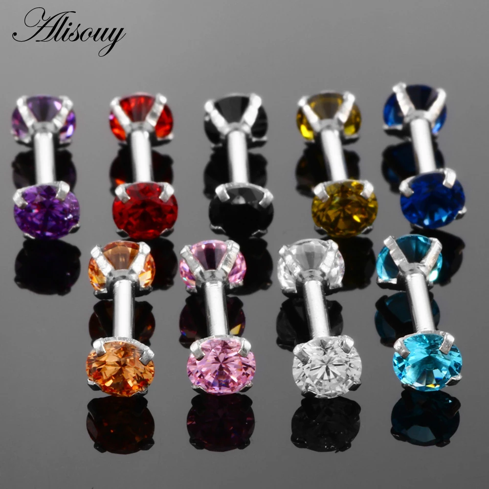 Alisouy 1pc Double Round Earring For Women Surgical Steel Bar Cartilage Piercing Crystal Zircon Rhinestone Ear Stud Bars Jewelry