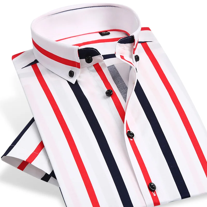 Colorful Stripe Short Sleeve Shirts Summer Hot Men Dress Shirt Button Down Male Business Casual Social Clothing Slim Fit