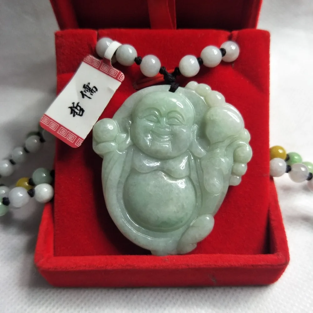 Zheru Jewelry Pure Natural Jadeite Light Green Ruyi Buddha Pendant Tricolor Jadeite Bead Necklace A Class A National Certificate