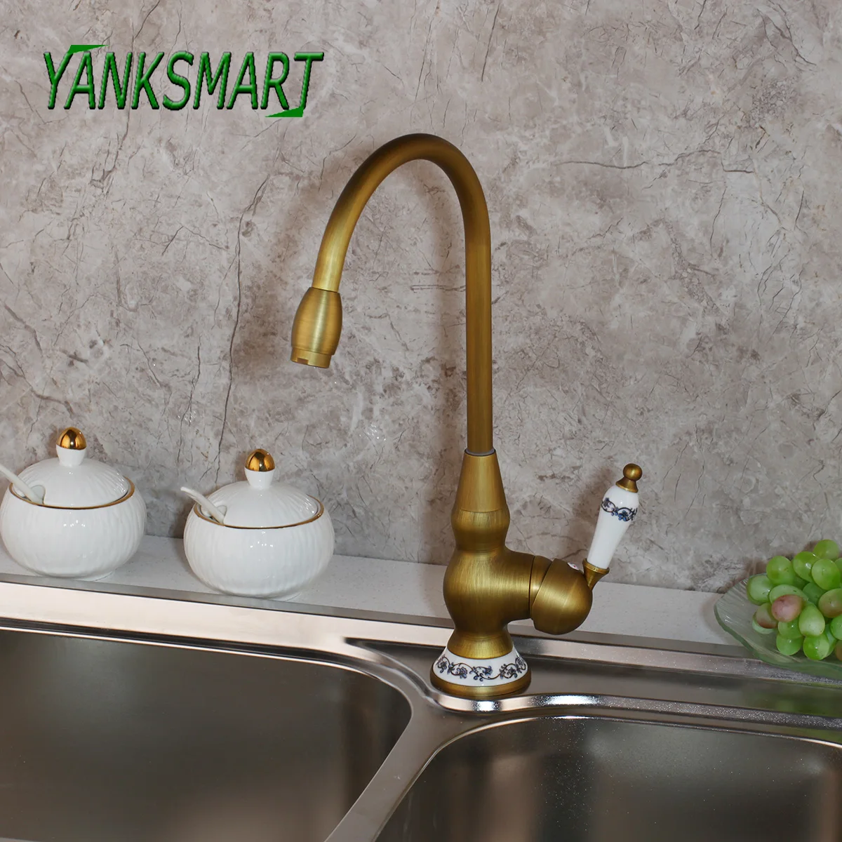 

YANKSMART Home Improvement Accessories Antique Brass Kitchen Faucet 360 Swivel Bathroom Basin Sink Mixer Tap Crane