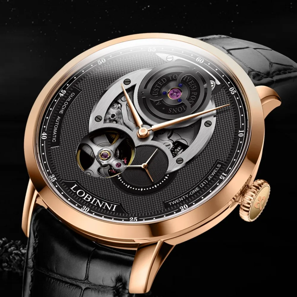 

LOBINNI Мужские автоматические часы 41 мм Механические наручные часы с сапфировым зеркалом Скелетон циферблата