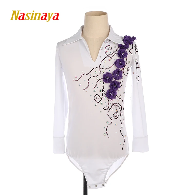 Custom White Long Sleeve Flower Rhythmic Gymnastics Costume Dance Costume Purple Flower Tights