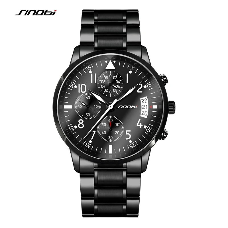 

SINOBI Sports Men's Chronograph Pilots Wrist Watches Black Steel Watchband Top Luxury Brand Males Quartz Clock Man Wristwatch