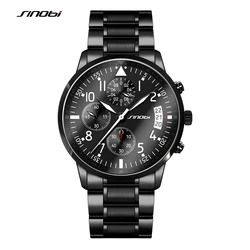 SINOBI Sports Men's Chronograph Pilots Wrist Watches Black Steel Watchband Top Luxury Brand Males Quartz Clock Man Wristwatch