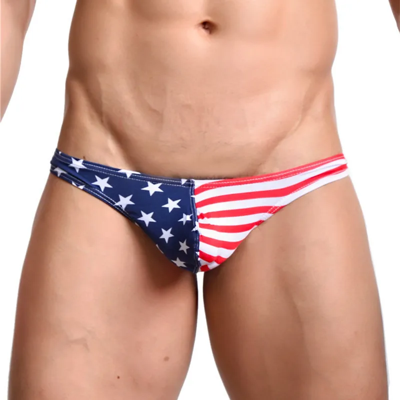 Cuecas listradas com bandeira americana para homens, roupas íntimas sexy, cuecas confortáveis, bolsa de protuberantes, tangas para homens