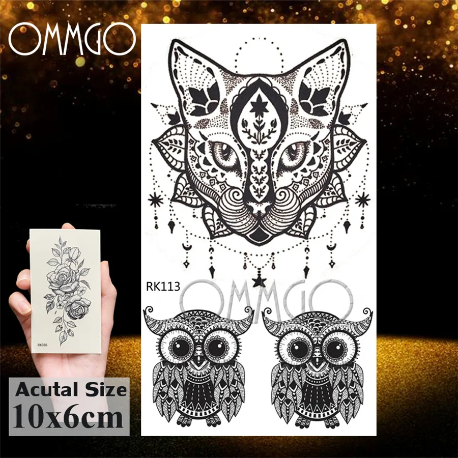 OMMGO Geometric Cat Line Temporary Tattoos Sticker Diamond Black Small Custom Tattoo DIY Body Art Wrist Fake Tatoos Women Men