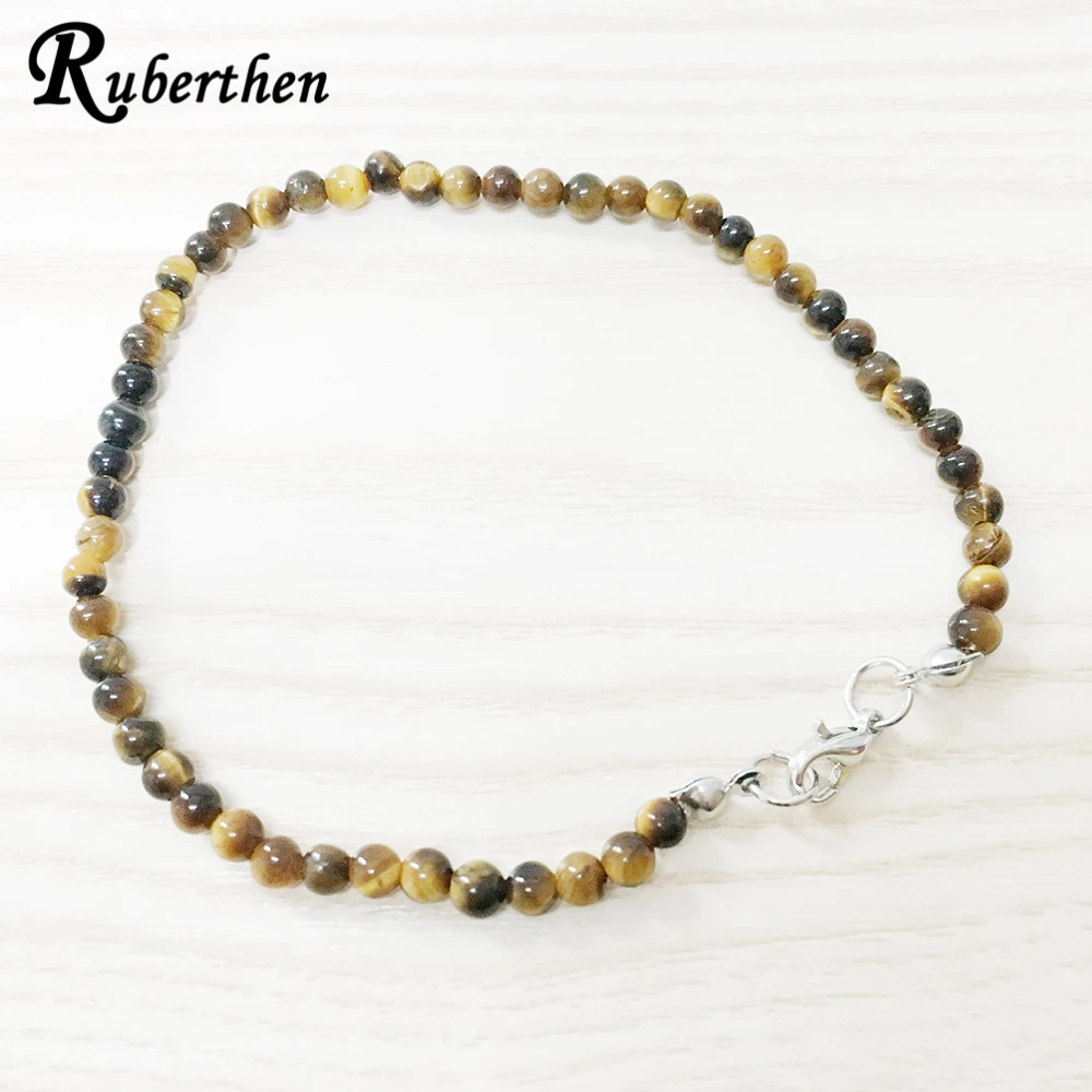 Ruberthen  AA Grand Tiger Eye Anklet 4 mm Trendy Stone Bracelet Mini Gemstone Energy Jewelry