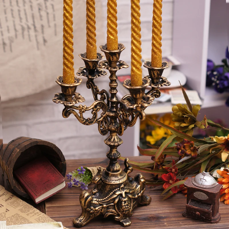 European Antique Gold Home Wedding Decor Tabletop Cast Iron Five Cups Sticker Candle Holder Retro Metal Candelabra Center Piece