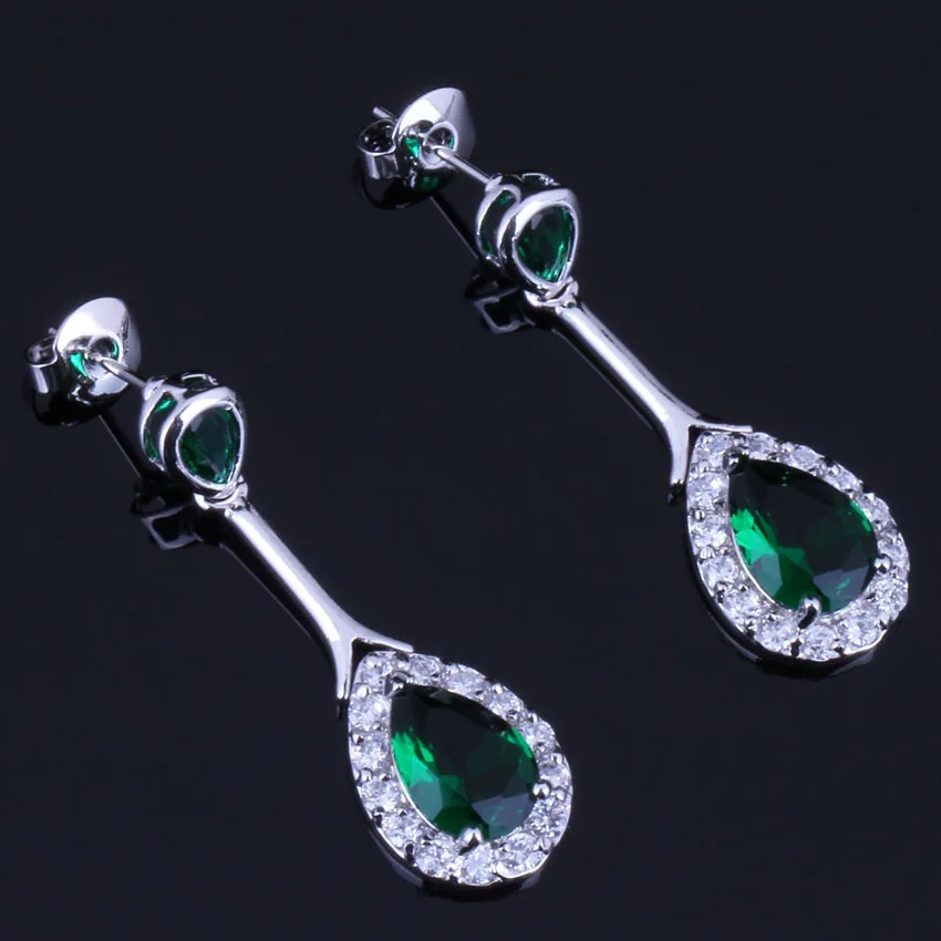 

Smooth Water Drop Green Cubic Zirconia White CZ Silver Plated Drop Dangle Earrings V0725