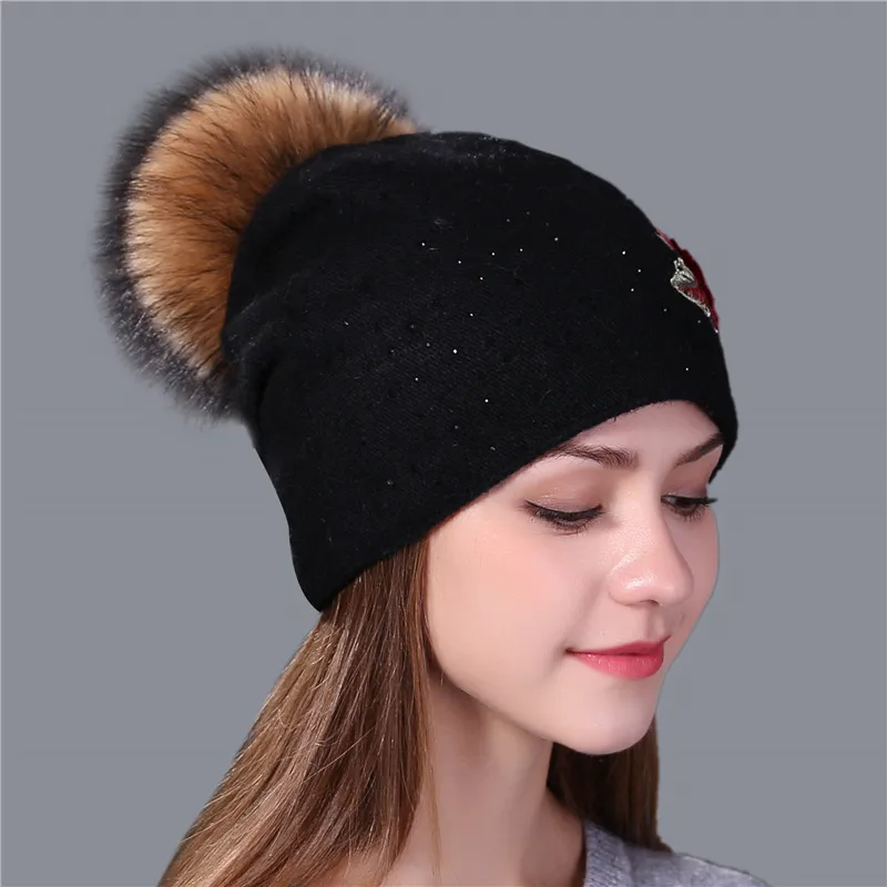 Xthree winter hat for women wool knitted hat Female  beanie cap embroidery real mink fur pom pom girl Skullie hat