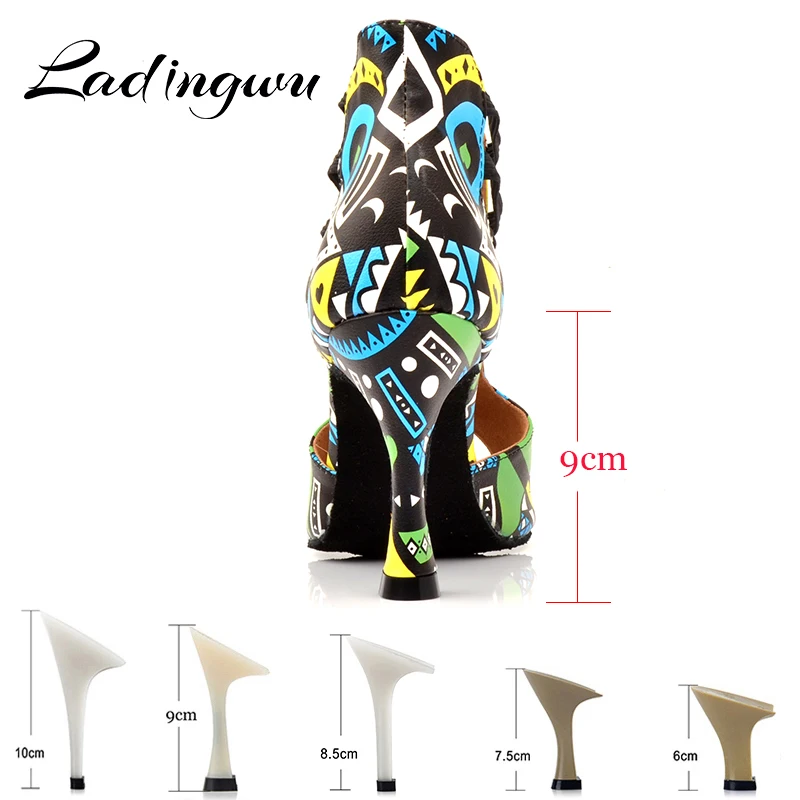 Ladingwu Brand Latin Dance Shoes Ladies Dance Boots Elastic band adjustment Ballroom Dance Shoes Blue African texture Shoes