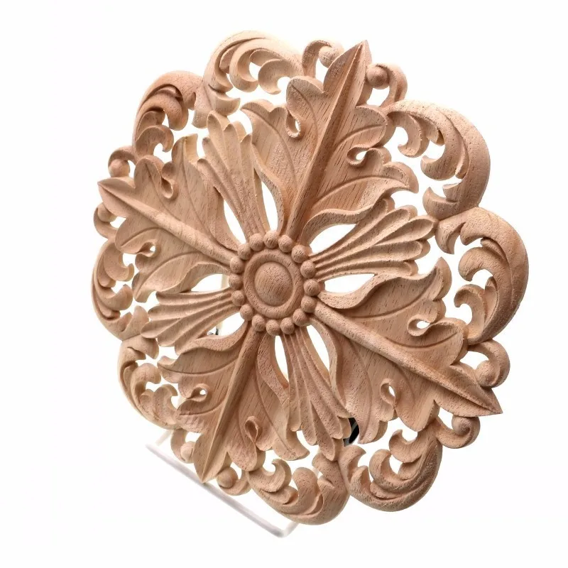 RUNBAZEF Woodcarving Furniture Decoration European Style Solid Wood Round Applique Heart Decorative Flower Figurines Miniatures