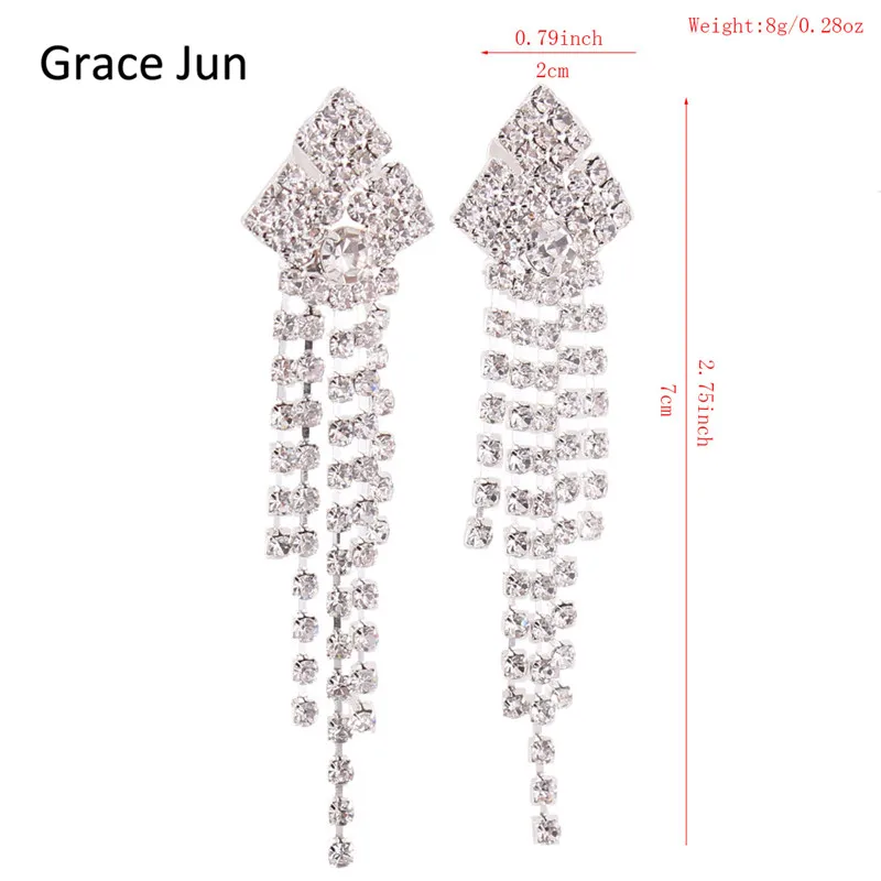 Grace Jun16 Colors Rhinestone Crystal Tassel Clip on Earrings Non Piercing for Women Charm Chandelier Jewelry Ear Clip Xmas Gift