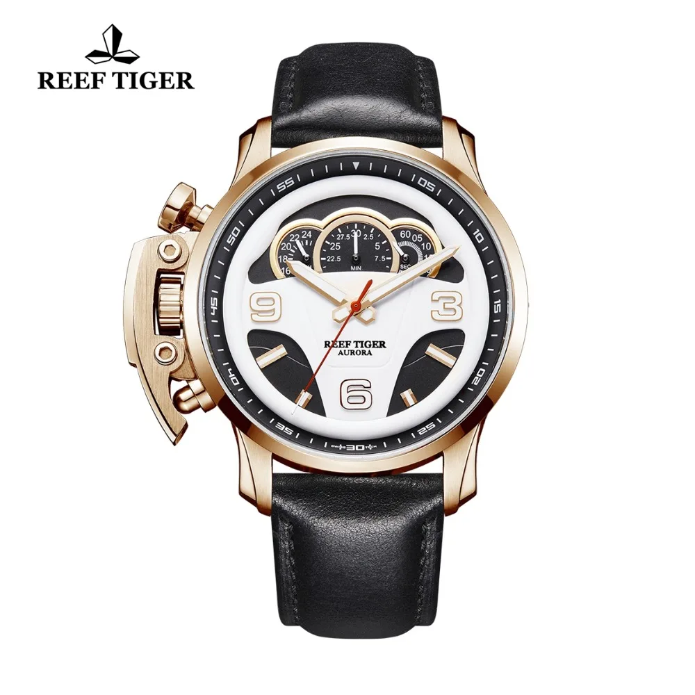 Reef Tiger/RT Mens Fashion Sport Watches Dashboard Dial Genuine Leather Strap Chronograph Stop Watches RGA2105