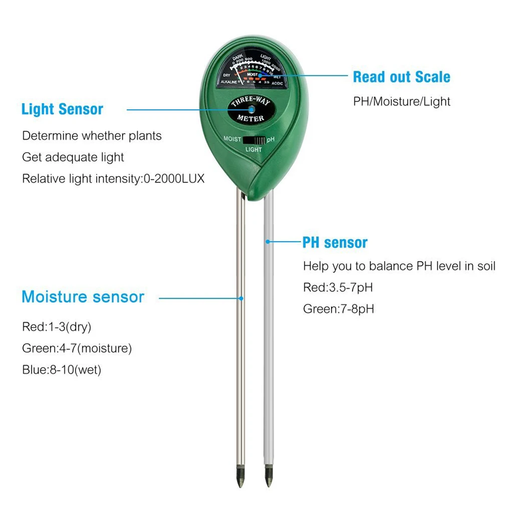 3 in1 Soil Water Moisture PH Meter Acidity Humidity Sunlight Light PH Test Garden Plants Flowers Moisture Testing Instrument