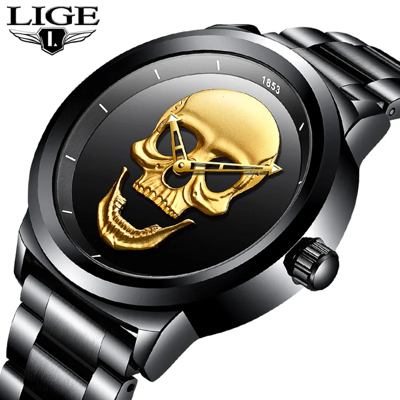 LIGE Skeleto Men Watch Top Brand Casual 3D Skull Full Steel Waterproof Military Sports Male Quartz Wrist Watch Relogio Masculino