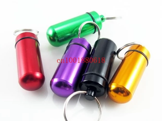 Wholesale Waterproof Keychain Round Aluminum Pill Bottle Travel Alloy Pill Box Keyring 100pcs/lot