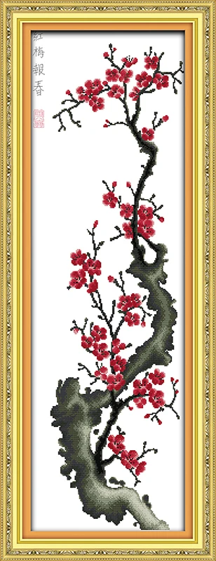 Red plum announcing spring come cross stitch kit aida 14ct 11ct count printed canvas stitches embroidery DIY handmade needlework