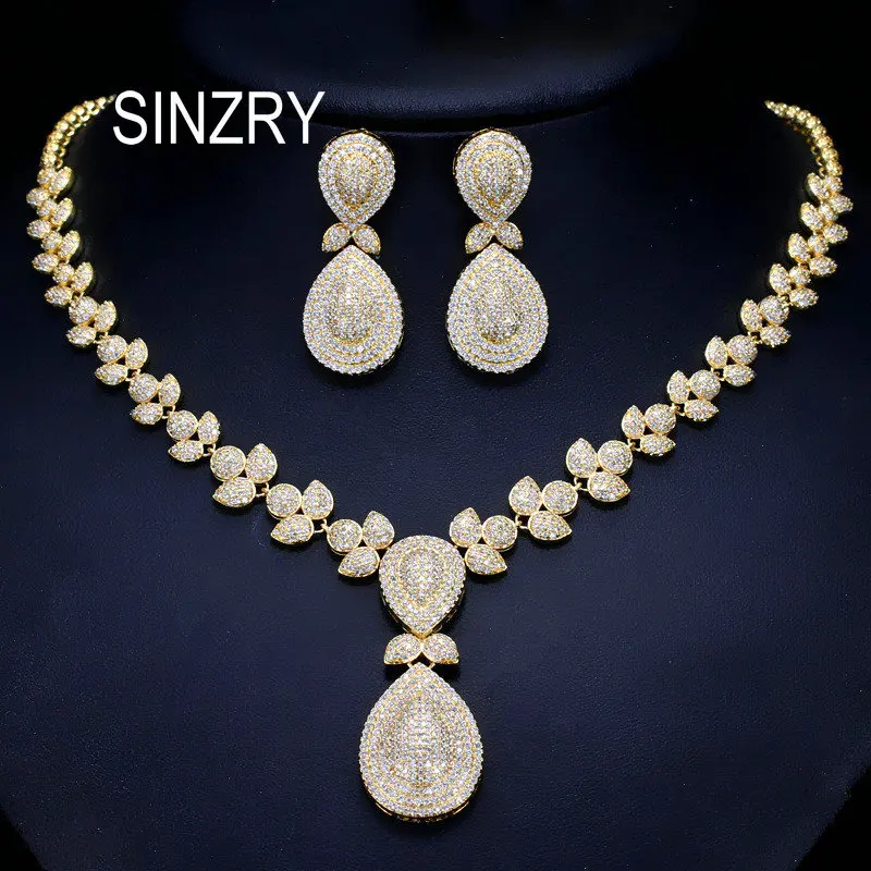 SINZRY Noble Micro Paved Cubic Zirconia Luxury Dubai Gold Color waterdrop Bridal Wedding Necklace Jewelry Sets For Women