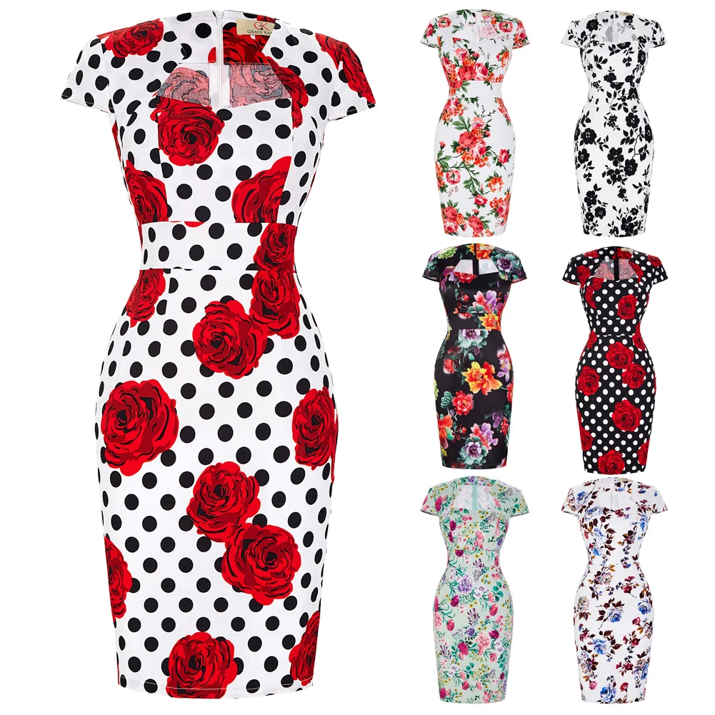 Women Elegant Sexy Floral Flower Print Party Dresses Club Cocktail Fitted Bodycon Office Work Clothing Evening Lady Pencil Dress