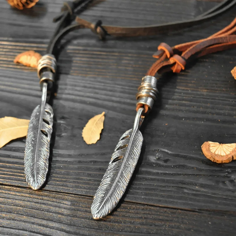 NIUYITID Feather Leather Necklace Pendant For Men Women Genuine Leather Rope Chain Jewelry Long Collares Handmade